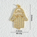 Detailed view of 18K gold plated Hamsa Hand pendant with zircon stones, 29mm x 21mm - Hamsa Hand Style (DZM-3696)