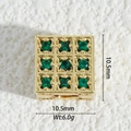 Macro view of a 10.5mm 18K gold-plated square charm with nine emerald green zircons - Emerald Grid Style (DZM-3702)