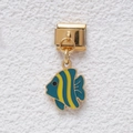 Gold modular link charm featuring a blue tropical fish with yellow stripes and enamel finish - GMKDZ-417