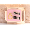 Italian modular charm in gold stainless steel with pink enamel and Bling Bling design - Bling Bling Ring Style (MK-469)