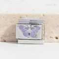 Maillon de bracelet italien avec un papillon en émail violet sur acier inoxydable poli - Papillon en Émail Violet (MK-1874)