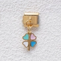 Gold Italian charm link with four-leaf clover pendant in colorful pastel enamel - GMKDZ-375