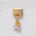 Italian charm link in gold with triple yellow, white and purple enamel flowers - GMKDZ-379