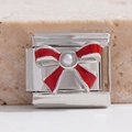 Maillon italien avec nœud en émail rouge et perle sur support poli en acier inoxydable - Style Nœud en Perles Artificielles Rouge (MK-2470)