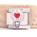 Italian charm link with pink and white hot air balloon and red heart in stainless steel - Hot Air Balloon Heart Style (MK-100)