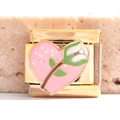 Golden Italian charm link with pink glitter heart and white rose enamel detail - Pink Gold Heart White Rose Style (MK-485)