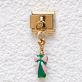 Italiaanse bedel hanger met gouden afwerking, groene fles en roze strik detail - Groene Fles Roze Strik (GMKDZ-441)