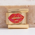 Italienischer Armband-Link in Gold mit roten Glitzer-Lippen für DIY-Schmuck - Roter Glitzer Lippenstil (MK-2464)