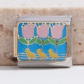 Charm link italiano con tulipani rosa e anatre gialle su smalto blu scuro - Stile Tulipano e Anatroccolo (MK-514)