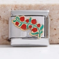Charm modulare italiano in acciaio placcato oro 18K con bacche rosse e foglie in smalto - Stile Bacca Rossa e Foglia Verde (MK-350)
