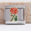 Italian charm link in 18K gold plated stainless steel with red rose enamel flower - Fine Red Rose Floral Style (MK-249)