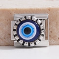 Maillon de charme italien avec motif œil grec en émail bleu et blanc sur acier inoxydable - Style Mauvais Œil Argenté (MK-2467)
