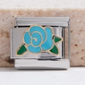 Italian modular charm in stainless steel featuring a blue rose flower with green leaves - Blue Rose and Green Leaf Style (MK-10)
