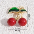 Cute red cherry pendant charm in gold plated copper with green enamel leaves for DIY jewelry - Double Cherry Style (DLD-5352)