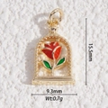 Detail shot of a small rose charm in gold frame with red enamel petals and size specs - Rose Arch Style (DLD-5390)