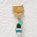 Italian modular charm bracelet link featuring a gold cactus potted plant with LOVE text - Cactus Style (GMKDZ-507)