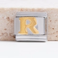Italiaanse bedelarmband schakel met gouden letter R op gepolijst roestvrij staal - Zilveren Basis Gouden R