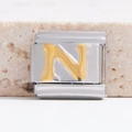 Italiaanse stijl roestvrijstalen armband bedel met een gouden letter N versiering - Zilveren basis goud N