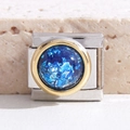 Detail of Italian charm link with blue cabochon stone in stainless steel base - Deep Blue (MK-2346)
