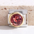 Detail of Italian modular bracelet link with red stone and gold flakes in stainless steel - Red Gold Foil (MK-2347)