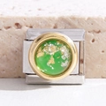 Detail of green stone Italian charm link with gold flakes on stainless steel base - Green Foil (MK-2349)