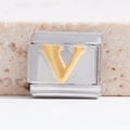 Italiaanse armbandmodule met gouden letter V op een gepolijste roestvrijstalen basis - Zilveren Basis Gouden V