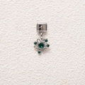 Macro detail of Italian style dangle charm with sparkling emerald green crystal flower petals - Silver Green Rhinestone Flower (MKDZ-790)