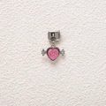 Detail view of heart charm with pink crystals and silver wings on stainless steel link - Silver Pink Rhinestone Winged Heart (MKDZ-779)