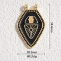 Macro shot of gold Hamsa Hand tarot pendant with black enamel inlay and side measurements - Hamsa Hand Shield Black Gold (DYS-5791)