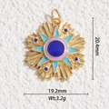 Detail of 14K gold plated sunburst tarot pendant with enamel inlay and measurements - Sun Flower Radial (DYS-5805)