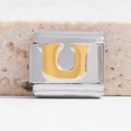 Italiaanse bedelarmband schakel van roestvrij staal met gouden letter U op zilver - Zilveren Basis Gouden U