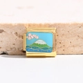 Macro view of stainless steel charm link featuring Mount Fuji enamel artwork design - Mount Fuji Landscape Style (MK-2969)