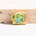 Macro detail of a gold Italian charm link with colorful enamel landscape design - Abstract Landscape Style (MK-2973)