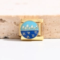 Macro shot of gold stainless steel Italian charm with blue landscape enamel detail - Blue Sky Clouds Landscape Style (MK-2992)