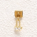 Detail of gold Italian charm with dangling double heart cubic zirconia on steel base - Heart Shaped Transparent Stone Style (MKDZ-869)