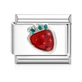 Italian charm bracelet link with red strawberry design in 316L stainless steel - Single Module / Silver Strawberry Style
