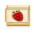 Italian charm link in 18K gold finish featuring a red enamel strawberry design - Single Module / Gold Strawberry Style