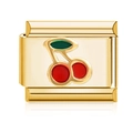 18K gold Italian charm link featuring red cherry enamel pattern for DIY bracelet - Single Module / Gold Cherry Style