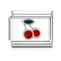 Italian charm link in stainless steel featuring a red cherry enamel design for bracelets - Single Module / Silver Black Cherry Style