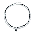 Collier double rang avec perles noires facettées, perles nacrées et pendentifs cœur - Collier Cœur Double Couche Noir (ZW2512)