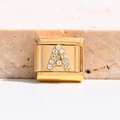 Maillon de charme italien doré avec une lettre A étincelante en cristal pour bracelet DIY - Lettre A (MK-3034)