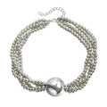 Chic multi-layer silver beaded necklace featuring a large polished metallic sphere pendant - Four-layer Beaded Necklace (ZW2354) / Silver Metal Ball Necklace (ZW2354)
