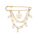 Gold safety pin brooch with decorative pearl chains and white floral pendant - White Flower Faux Pearl Tassel Style (ZW2468)