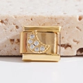 Italian style gold modular charm link with a crescent moon zircon pavé setting - Gem-Set Crescent Moon Style (MK-1527)