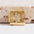 Italienisches Charm-Glied in poliertem Gold-Edelstahl mit Zirkonia-Sternmuster - Achtzackiger Stern (MK-1533)