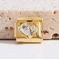 Italian charm link in gold with heart frame and pear-cut clear zircon stones - Heart Double Stone Inlay Style (MK-1546)