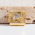 Italian charm bracelet link in gold finish with a winged heart and crystal stone - Winged Heart Rhinestone Style (MK-1531)