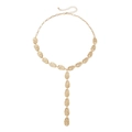 Gold-toned hammered metal leaf Y-necklace with elegant cascading oval link chain - Gold
