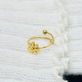 Anillo ajustable de acero inoxidable dorado con una margarita delicada y una esfera lisa - Abierto Ajustable / Margarita