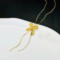 18K gold plated stainless steel bow necklace with ribbed texture and snake chain drops - Bowknot Necklace / Gold